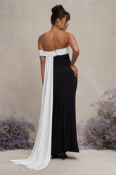 Black & White Bardot Split Maternity Maxi Dress With Drape